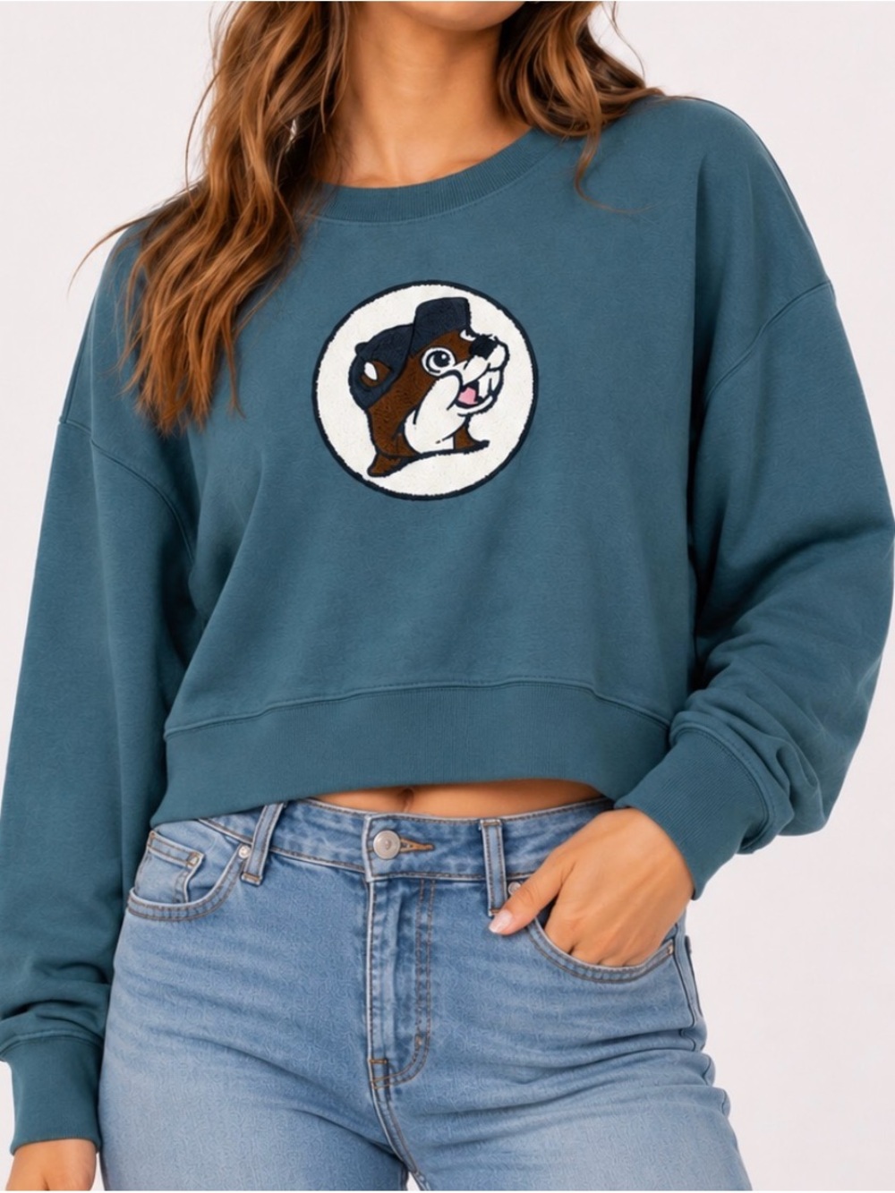 Buc-ee’s Teal Blue Cropped Beaver Logo Crewneck Sweatshirt Embroidered Patch LG